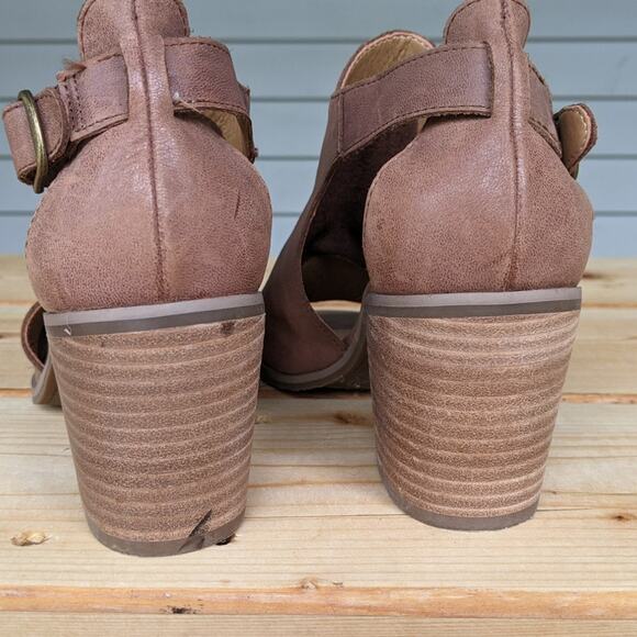 Lucky Brand Kerne Tan Leather Ankle Booties Open Toe Size 6.5 Stacked Heel - Picture 3 of 6